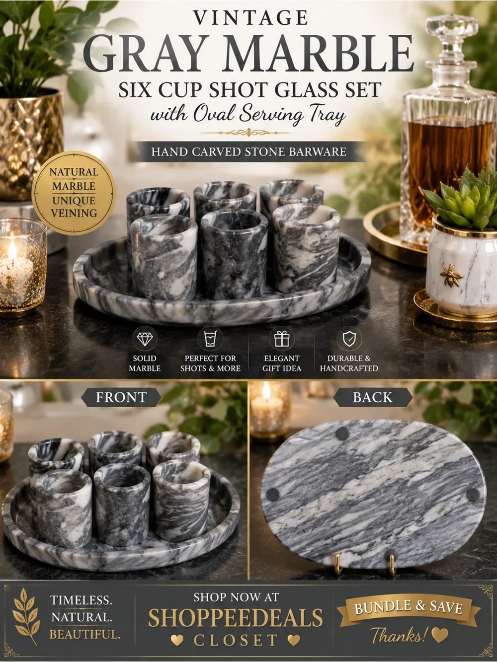 Vintage Gray Marble Six Cup Shot Glass Set with Oval Serving Tray – Hand Carved